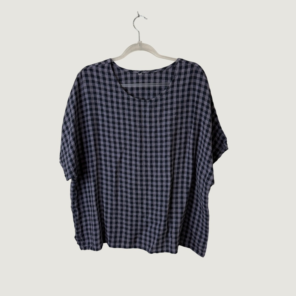 Unbranded Linen Gingham Boxy Top Black Grey One Size Coastal Minimalist Boho